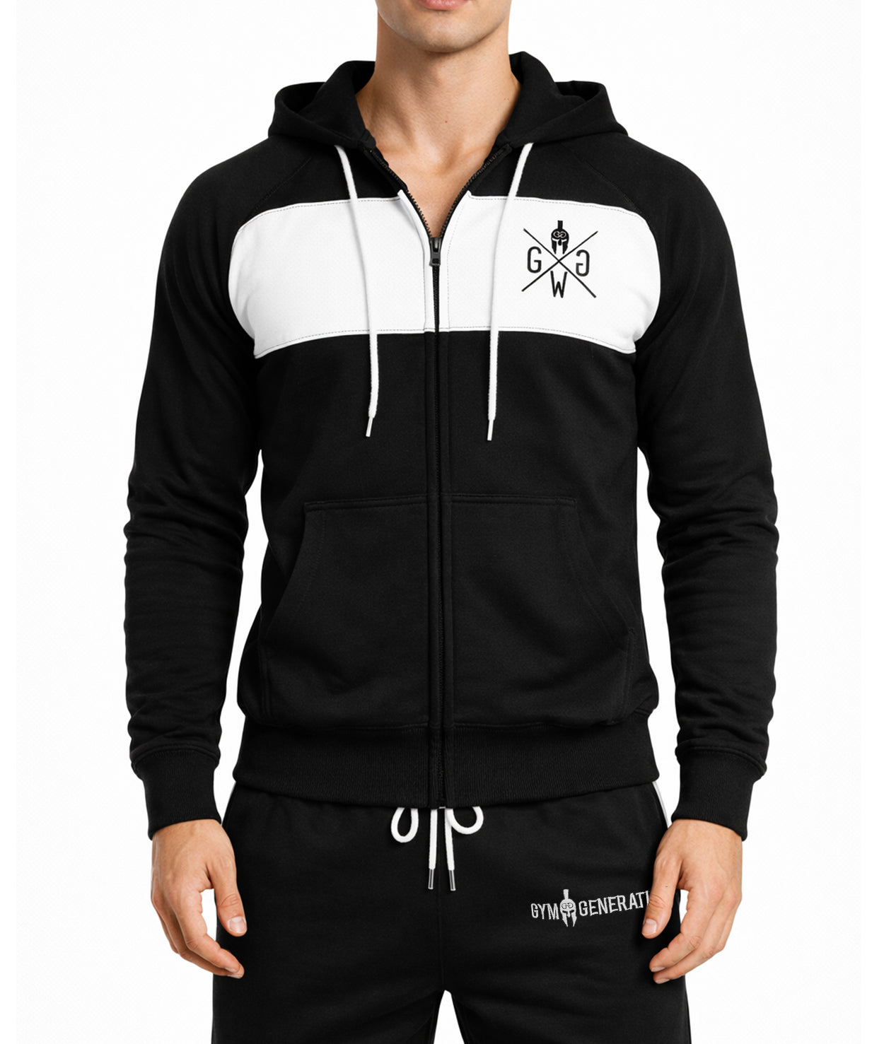 Schwarzer Herren Gym Zipper Hoodie von Gym Generation in Frontansicht mit weißem Brustpanel und Logo, Premium Fitness Hoodie für Krafttraining, Bodybuilding, Streetwear und leistungsorientiertes Gym Training