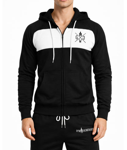 Schwarzer Herren Gym Zipper Hoodie von Gym Generation in Frontansicht mit weißem Brustpanel und Logo, Premium Fitness Hoodie für Krafttraining, Bodybuilding, Streetwear und leistungsorientiertes Gym Training