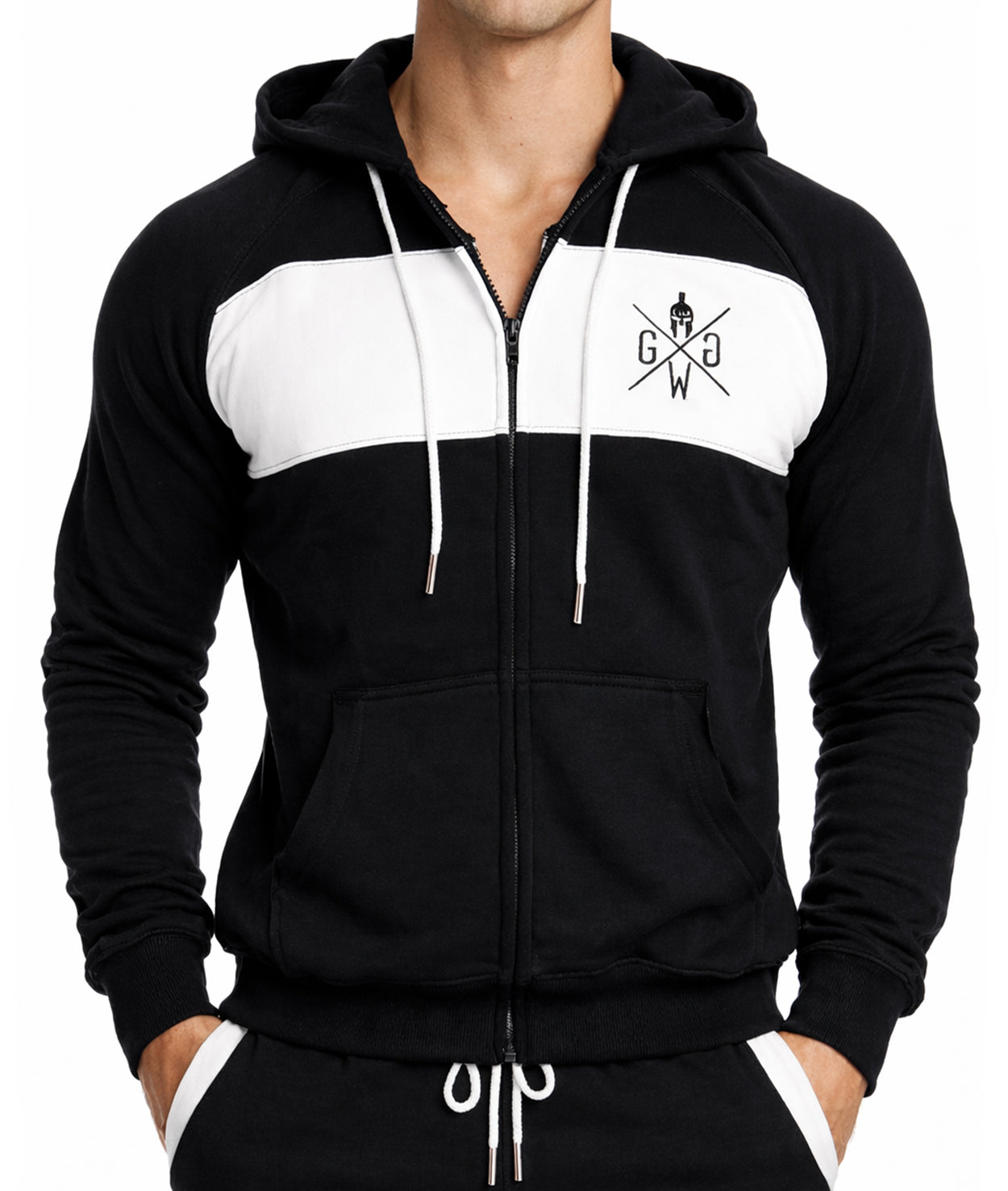 Schwarzer Herren Gym Zipper Hoodie von Gym Generation mit weißem Chest Panel und Logo, leistungsstarker Fitness Hoodie für Krafttraining, Bodybuilding, Gym Wear und moderner Sport Lifestyle