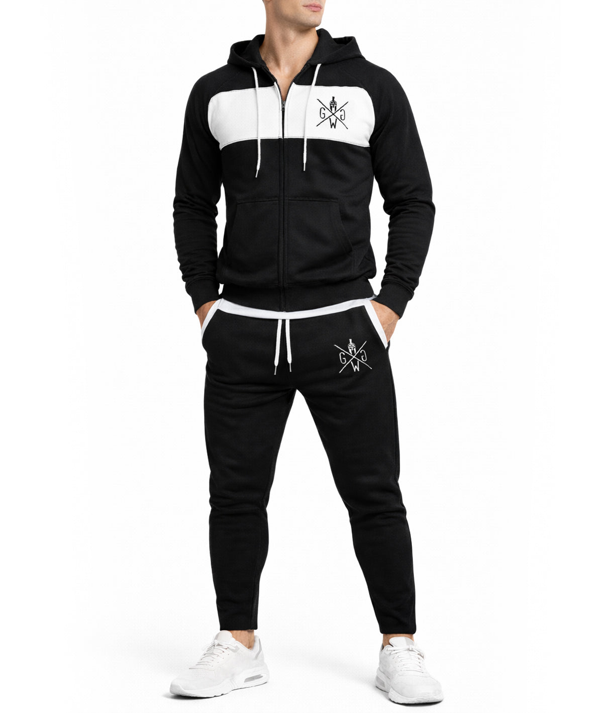 Schwarzer Gym Generation Zipper Hoodie im kompletten Fitness Set mit Jogger, athletischer Schnitt, Premium Gym Wear für Krafttraining, Bodybuilding und Performance Lifestyle