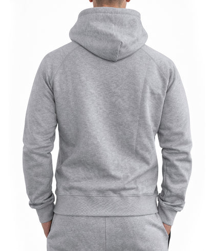 Grauer Herren Gym Hoodie mit Reissverschluss von Gym Generation in Rückenansicht, cleaner Trainingshoodie für Fitness, Krafttraining und Alltag