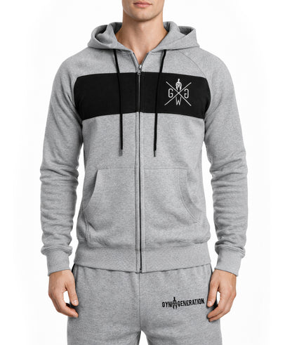 Grauer Gym Generation Trainingsanzug mit Zip Hoodie für Herren, sportlicher Fitness Hoodie im Komplett-Outfit, ideal für Gym, Workout und Athleisure Wear