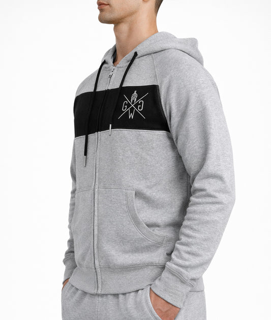 Grauer Herren Gym Hoodie mit Reissverschluss von Gym Generation in Seitenansicht, sportlicher Trainingshoodie für Fitness, Krafttraining und Athleisure