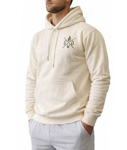 Off-White Gym Generation Herren Gym Hoodie mit Brustlogo, schräge Frontansicht im Studio