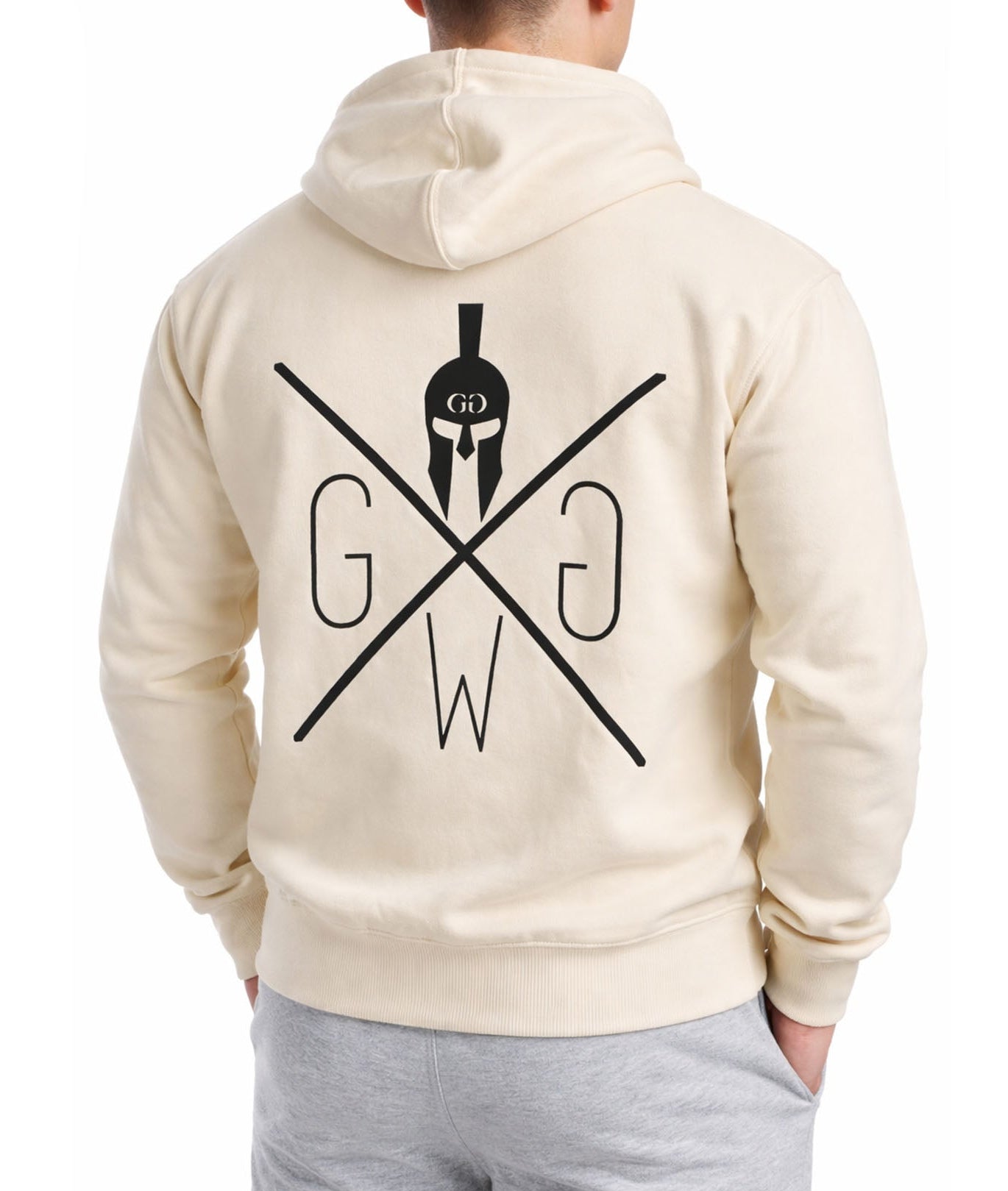 Off-White Gym Generation Herren Fitness Hoodie mit großem schwarzem Rückenlogo und Kapuze, Rückansicht im Studio