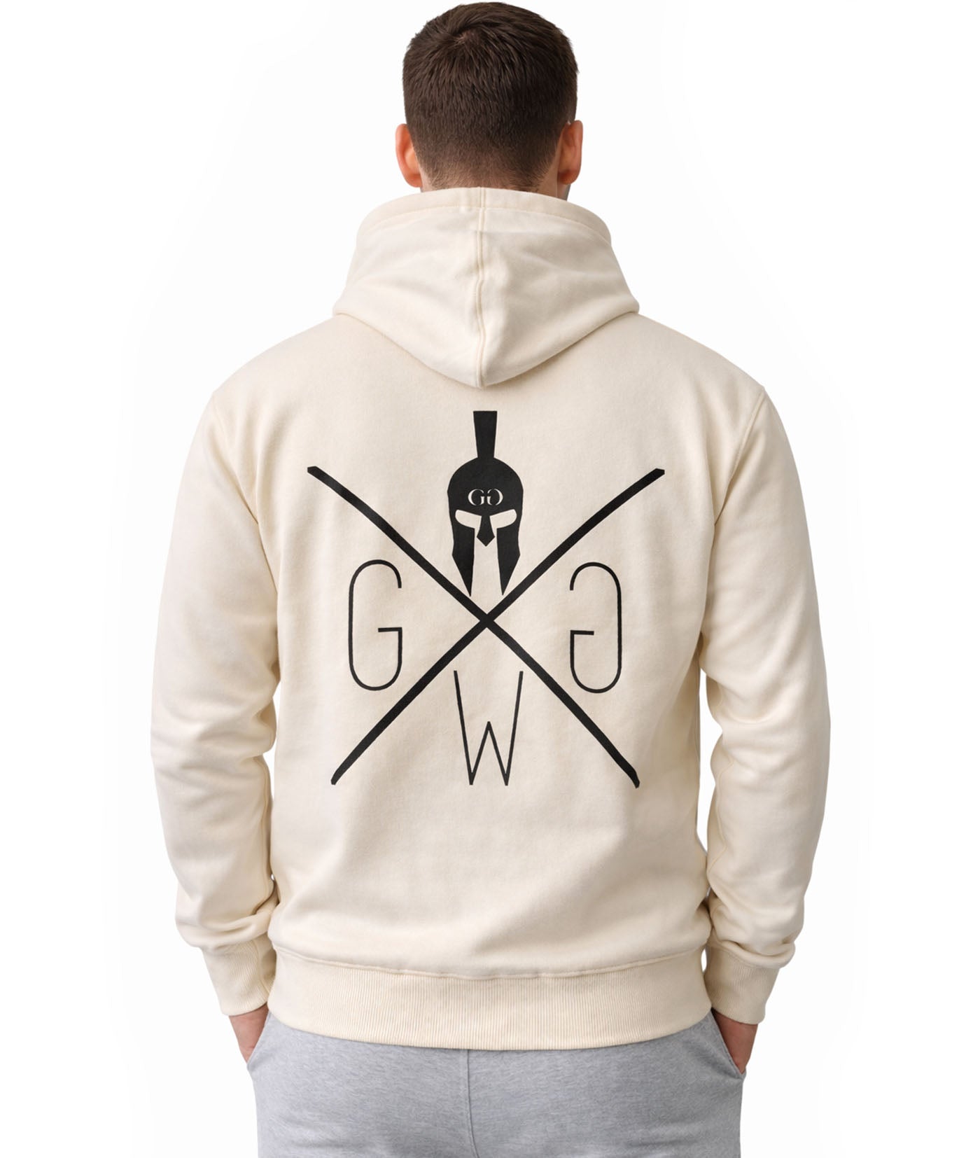 Off-White Gym Generation Herren Hoodie mit großem Rückenlogo, zentrierte Rückenansicht mit Fokus auf Print
