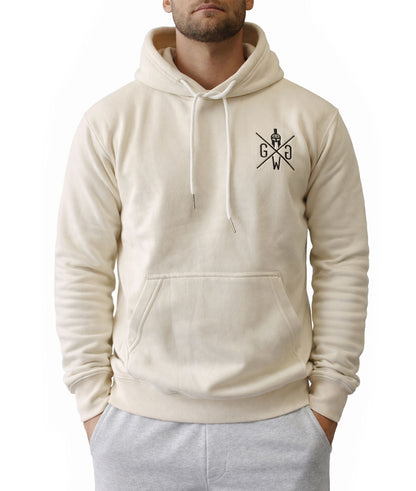 Off-White Gym Generation Herren Gym Hoodie mit Brustlogo und Kapuze, gerade Frontansicht im Studio