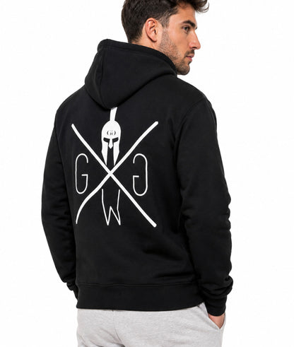 Fitness Hoodie Herren Schwarz mit silbernen Kordelkappen und Spartaner-Helm-Gravur
