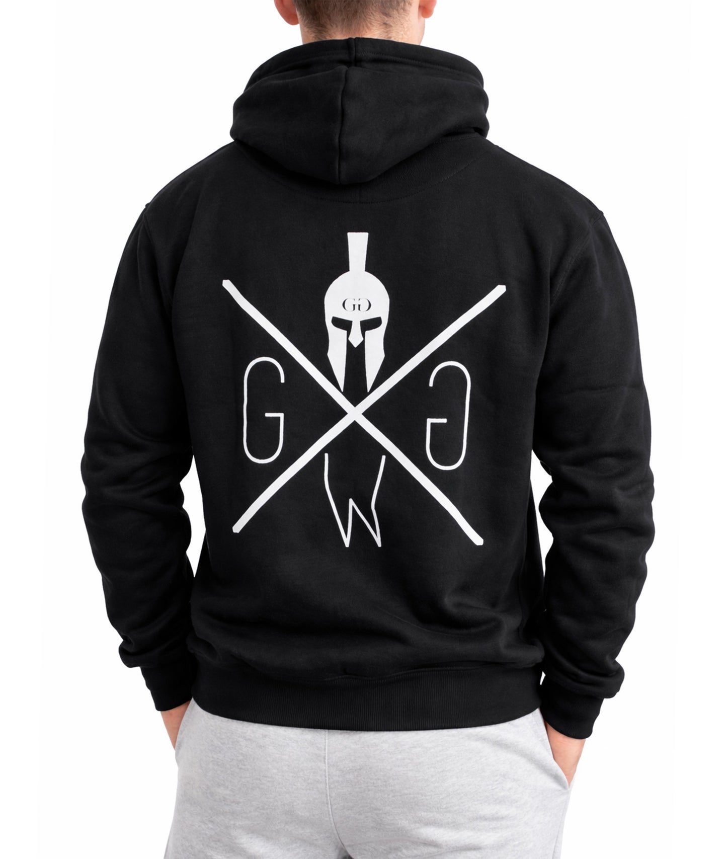 Schwarzer Gym Generation Herren Gym Hoodie mit grossem Rückenlogo und Kapuze, Rückansicht im Studio