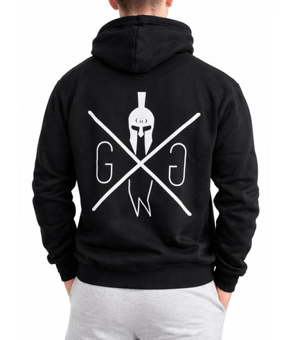 Schwarzer Gym Generation Herren Gym Hoodie mit grossem Rückenlogo und Kapuze, Rückansicht im Studio
