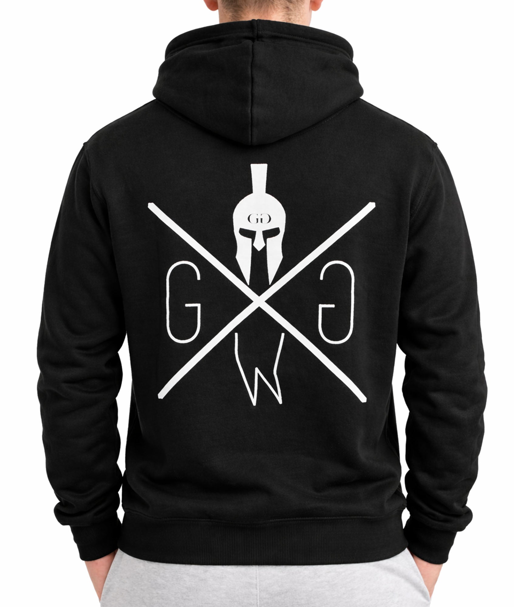Schwarzer Gym Generation Herren Hoodie mit großem weißen Rückenlogo und Kapuze, Rückansicht im Studio