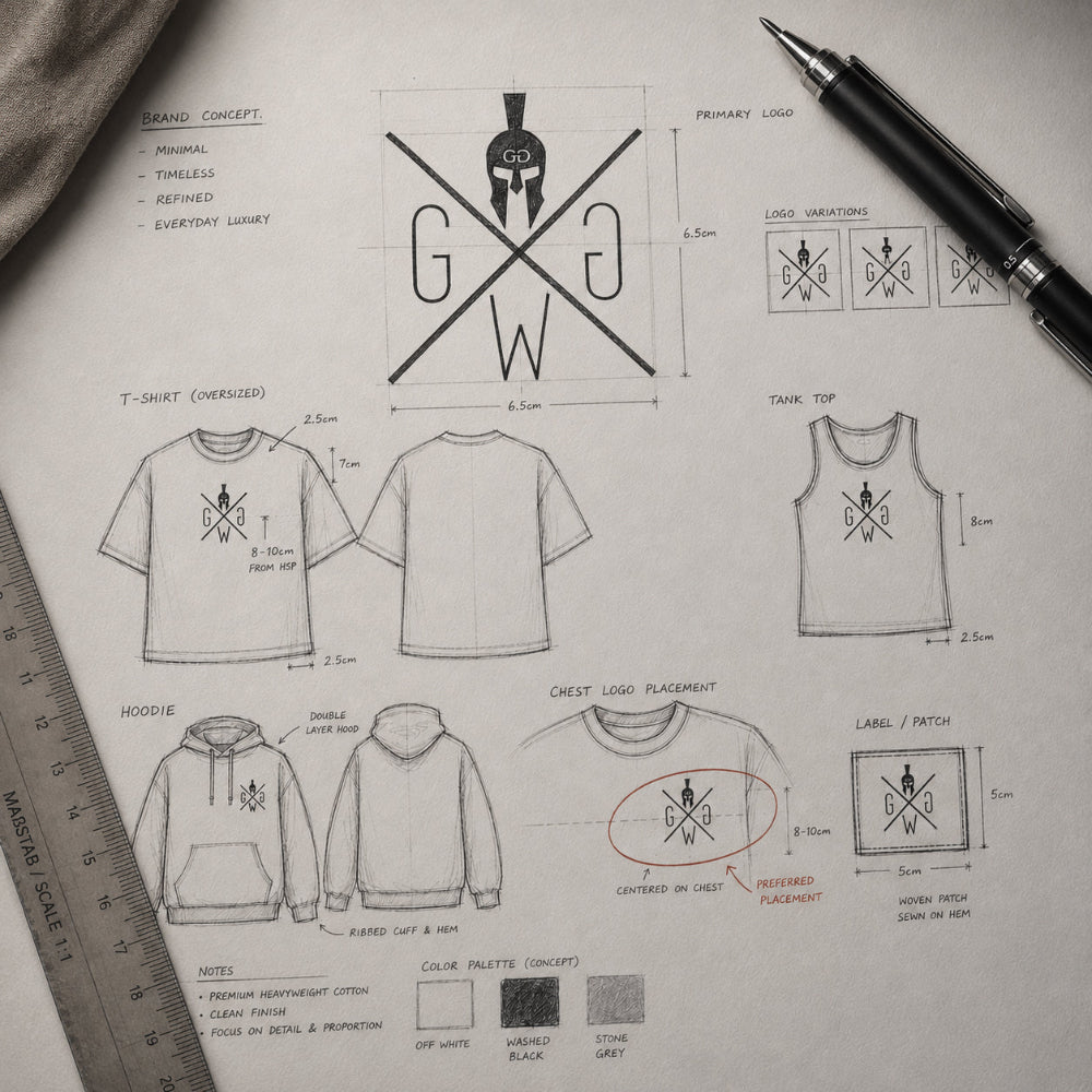 Gym Warriors Logo als handgezeichnetes Designkonzept mit T-Shirt-, Tanktop- und Hoodie-Skizzen, Massstab und Zeichenstift.