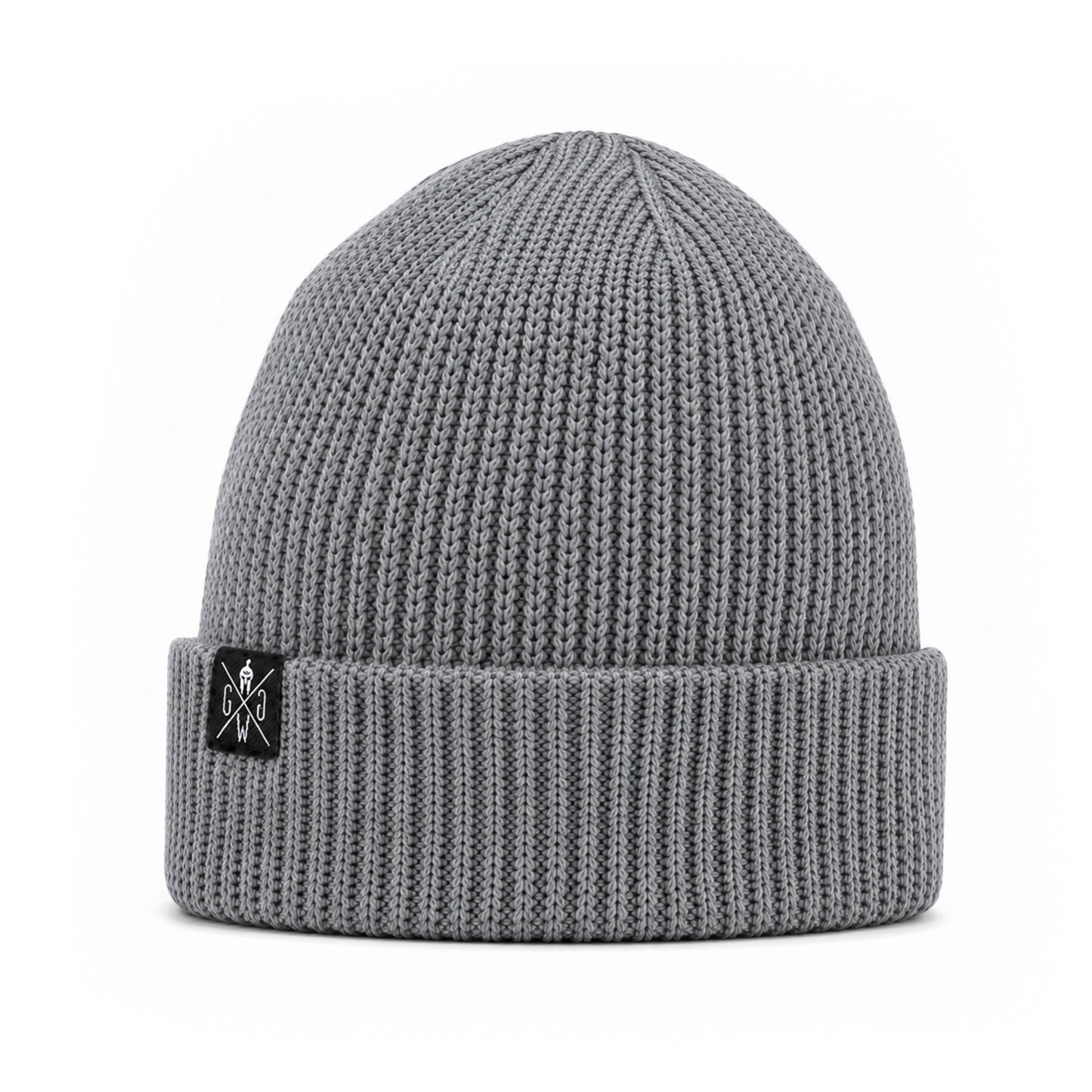 Winter Beanie Grau von der Seite – Gym Mütze mit breitem Umschlag und schwarzem Weblabel, Gym Generation