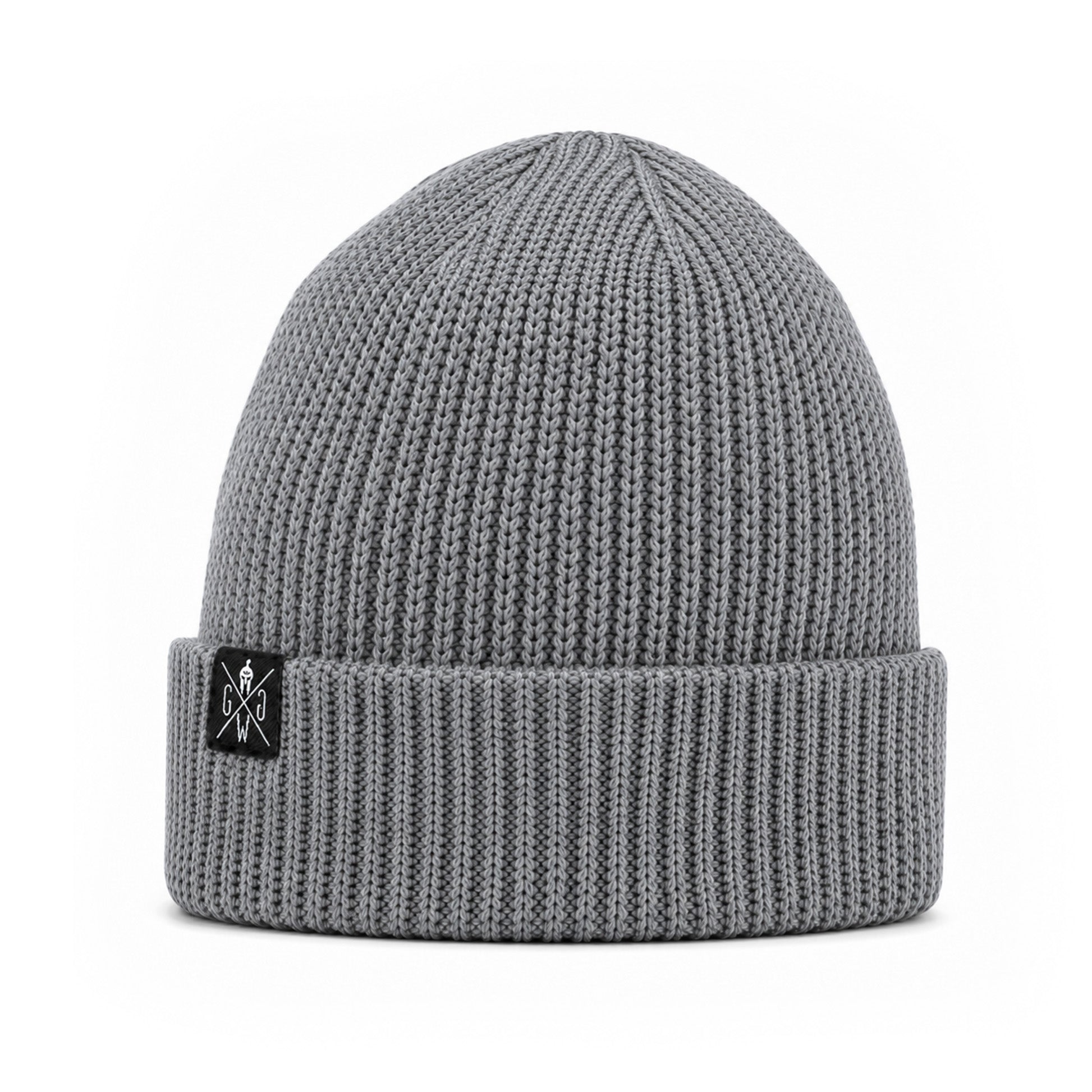 Winter Beanie Grau von der Seite – Gym Mütze mit breitem Umschlag und schwarzem Weblabel, Gym Generation