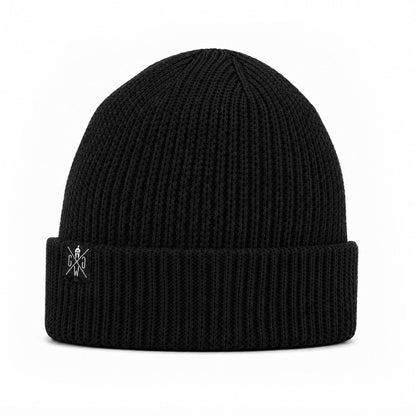 Schwarze Gym Mütze aus Grobstrick – Beanie Atlantic von Gym Generation mit doppeltem Umschlag und weissem Logo-Patch an der linken Seite