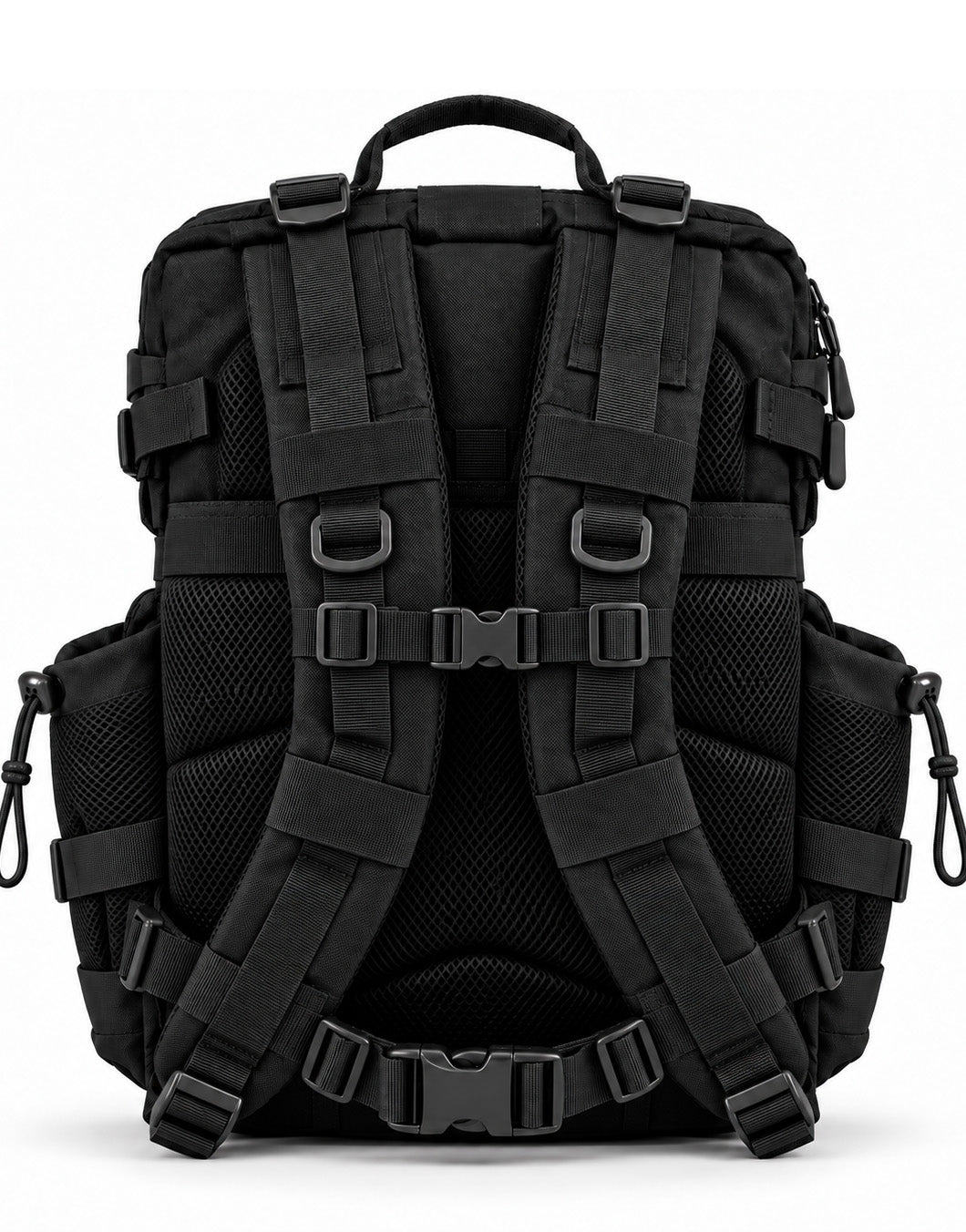 Back of the Adventurer 35L gym backpack with padded shoulder straps, chest strap, hip belt and mesh back panel