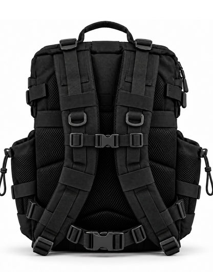 Back of the Adventurer 35L gym backpack with padded shoulder straps, chest strap, hip belt and mesh back panel