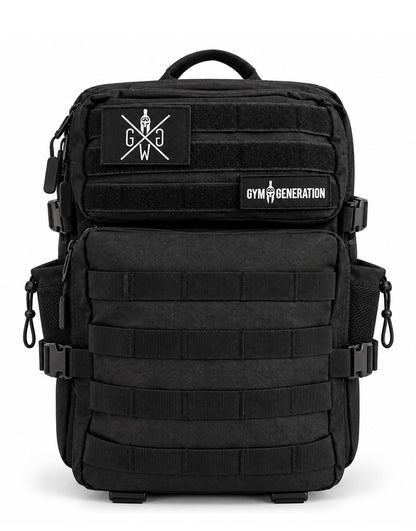 Adventurer 35L gym backpack in black, front view with MOLLE webbing and two Gym Generation velcro patches