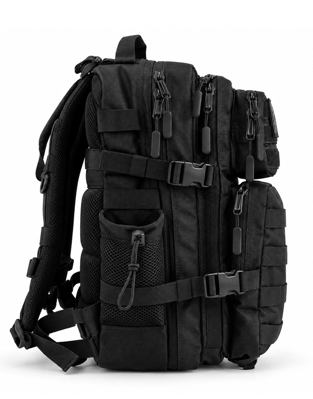 Adventurer 35L black gym backpack, side view with compression straps, mesh side pocket and zippered compartments