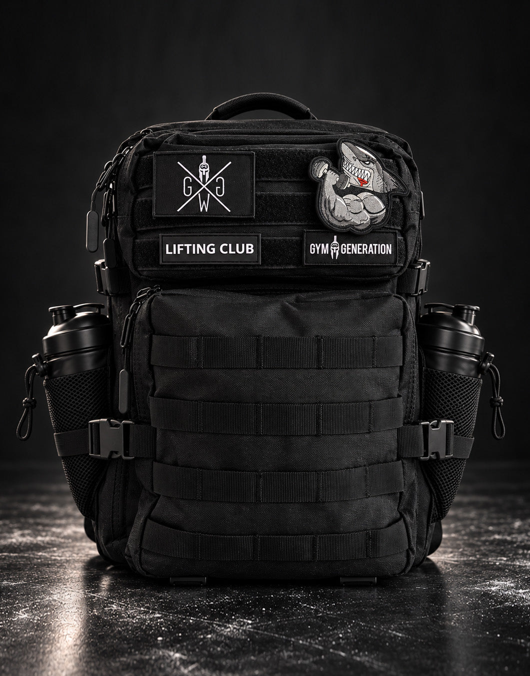 Adventurer 35L black gym backpack with four velcro patches and two shakers in the side pockets on a dark background