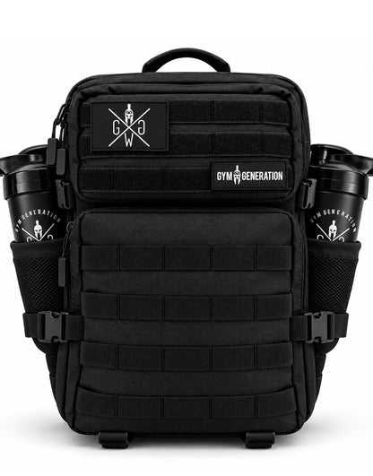 Adventurer 35L backpack in black with two Gym Generation shakers in the side pockets