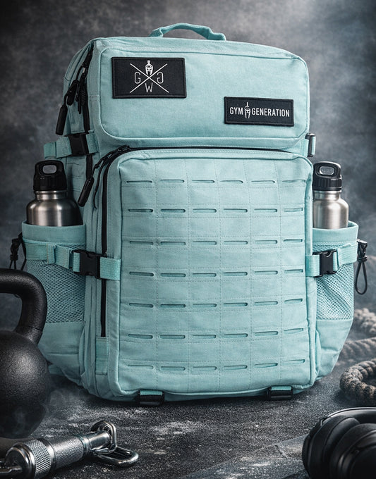 Gym Generation Fitness-Gym-Rucksack in Arctic Mint beim HYROX-/Wettkampf-Training mit MOLLE-Frontpanel, Trinkflaschenhaltern und robustem Material