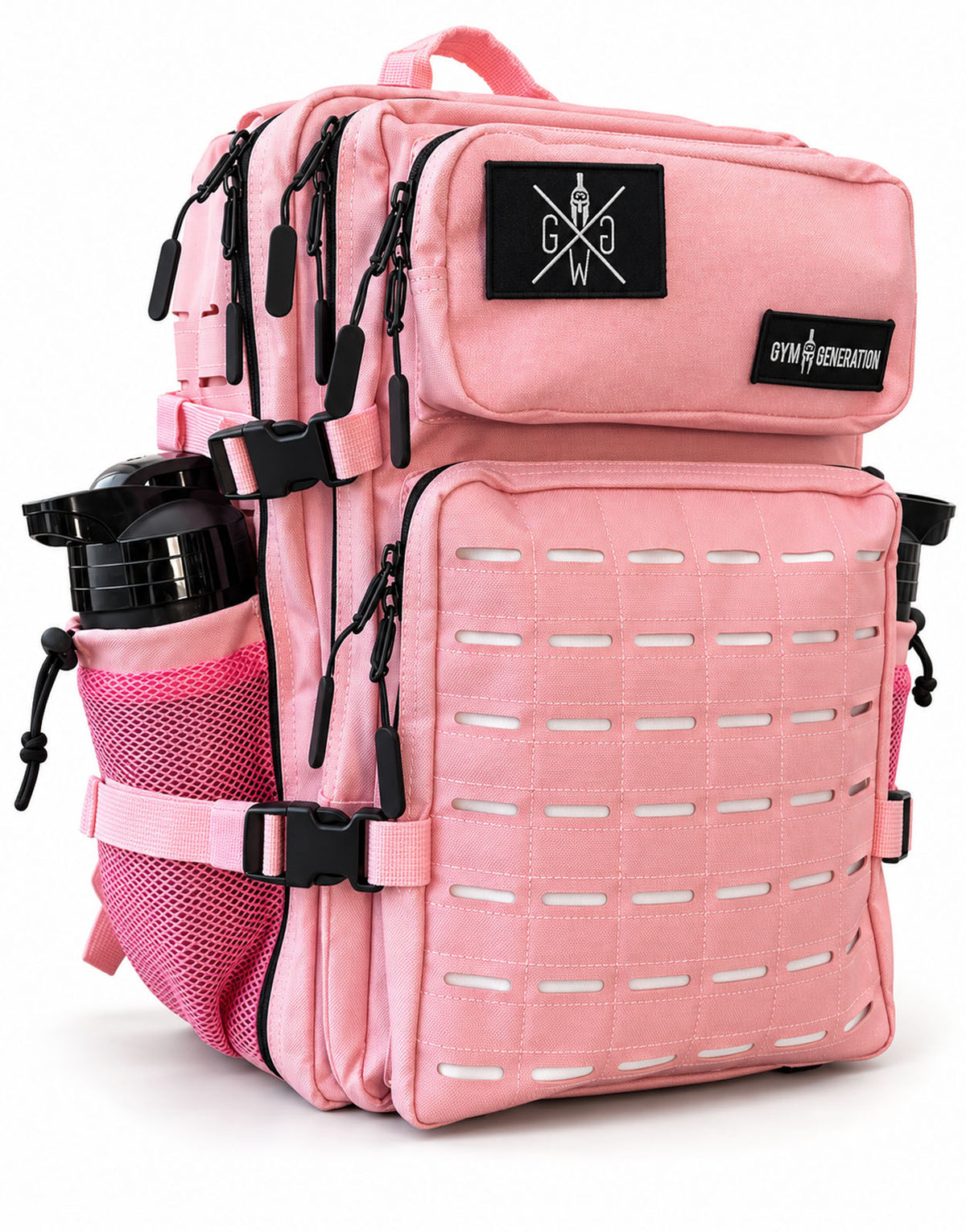 Pinker Fitness Rucksack Explorer Cotton Candy in Schrägansicht mit Klett-Patchfläche, schwarzen Zippern und Shaker in der Mesh-Seitentasche