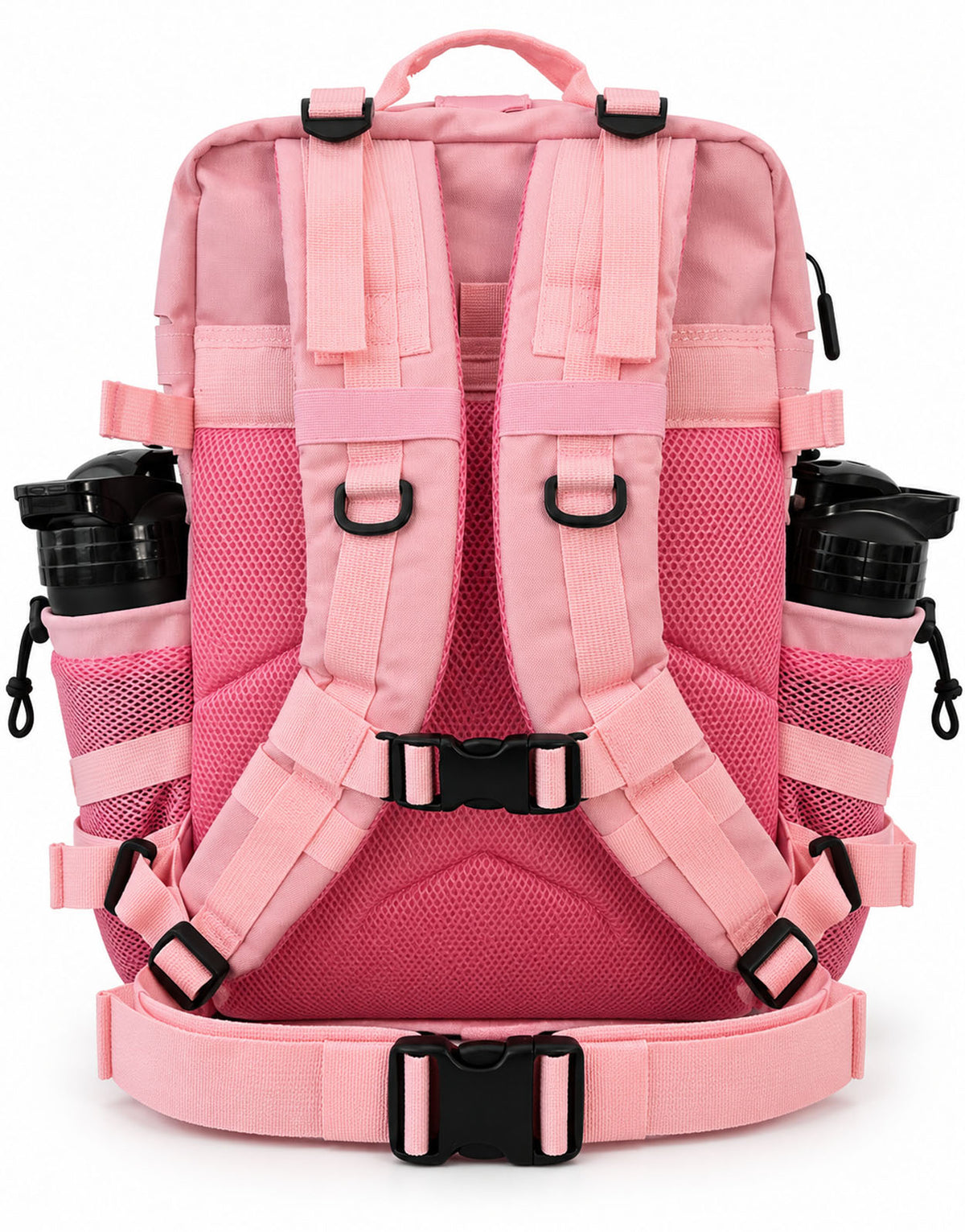 Rückseite des Explorer Cotton Candy mit gepolsterten S-Form-Schultergurten, D-Ringen, Brust- und Hüftgurt und pinkem Mesh-Rücken