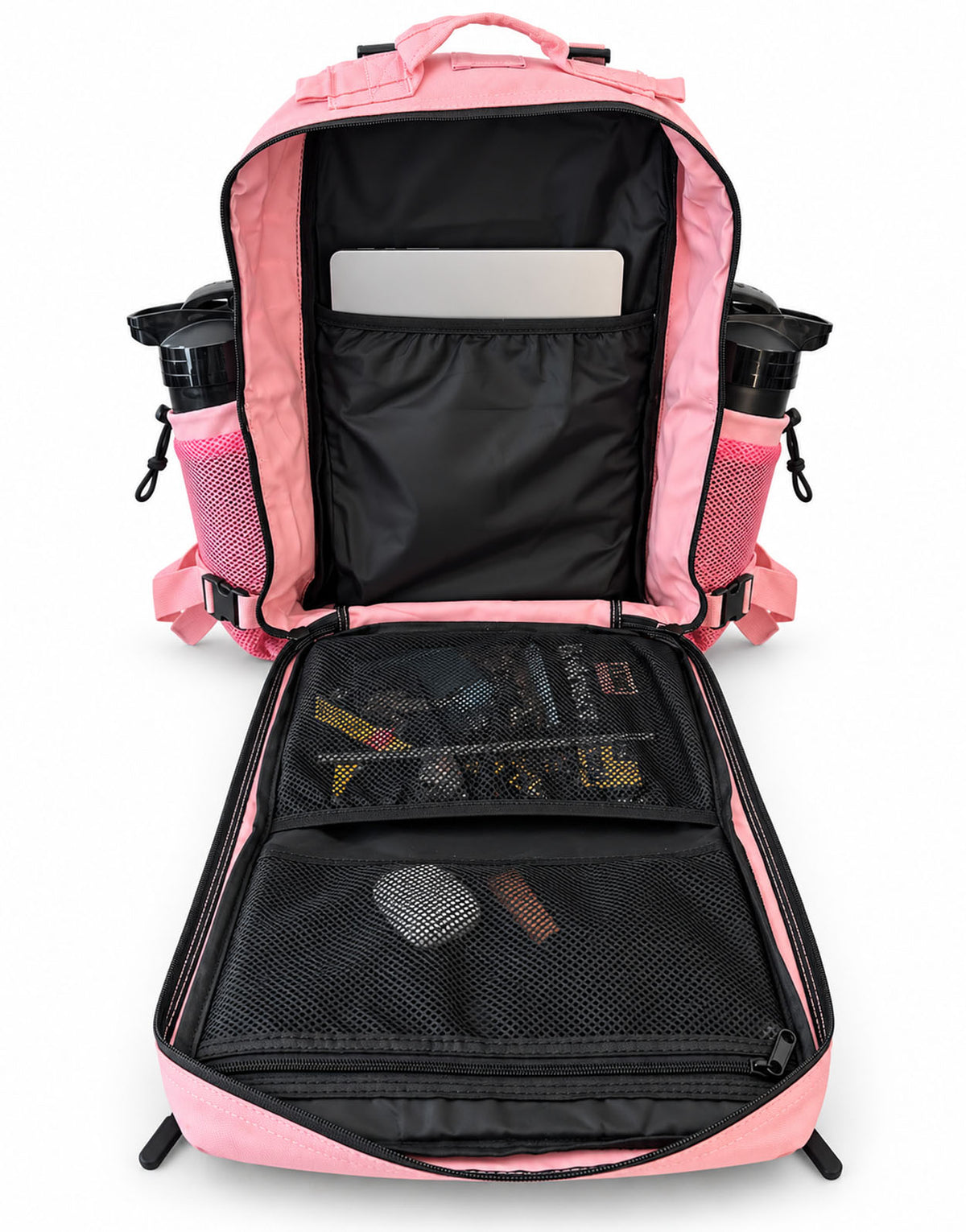 Koffergross geöffneter Explorer Rucksack in Cotton Candy mit Laptop im Innensleeve und Mesh-Organizer mit Reissverschlussfach