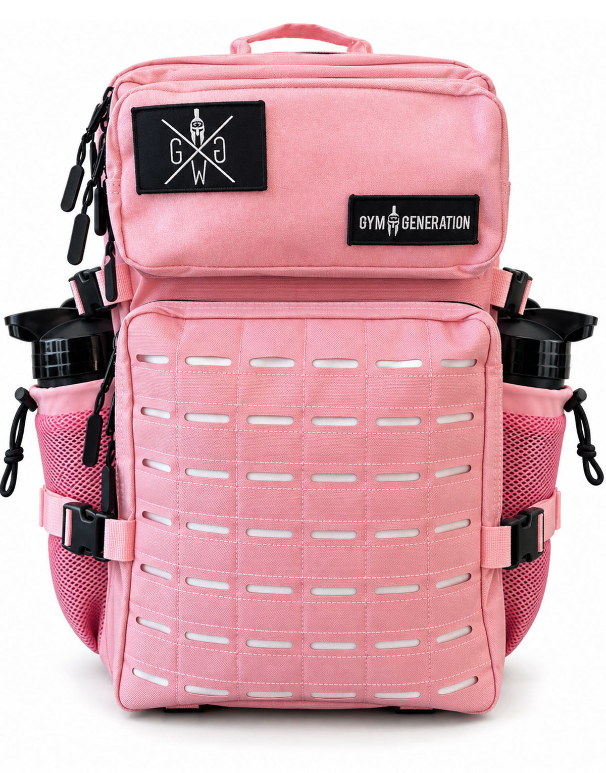 Gym Rucksack Damen Explorer in Cotton Candy Pink von Gym Generation, Frontansicht mit Laser-Cut-MOLLE, weissen Akzenten, zwei Patches und Shakern in den Seitentaschen