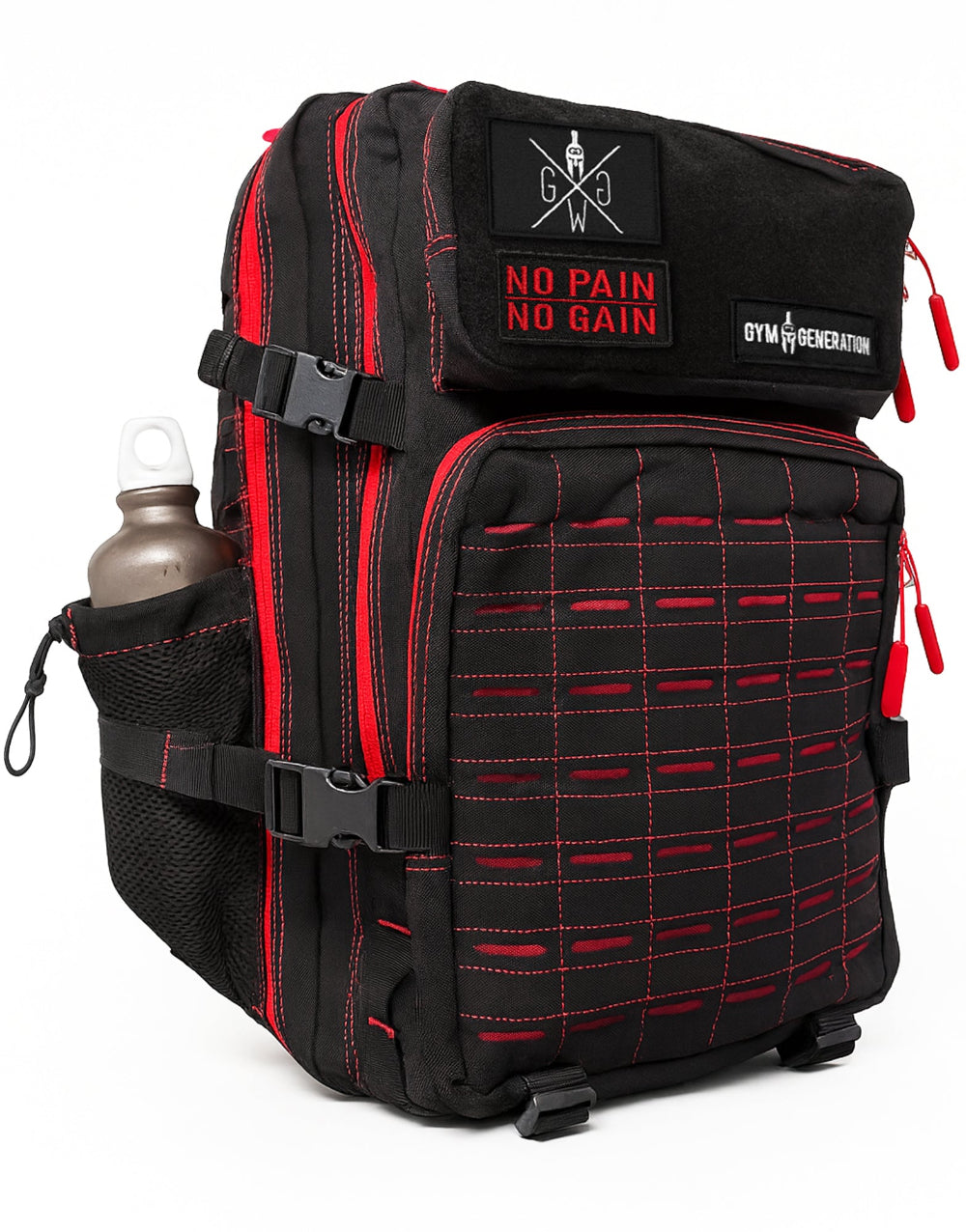 Gym Rucksack 45L in Schwarz mit roten Details, Laser-Cut MOLLE System, seitlicher Flaschenhalterung und No Pain No Gain Patch – Tactical Fitness Rucksack von Gym Generation
