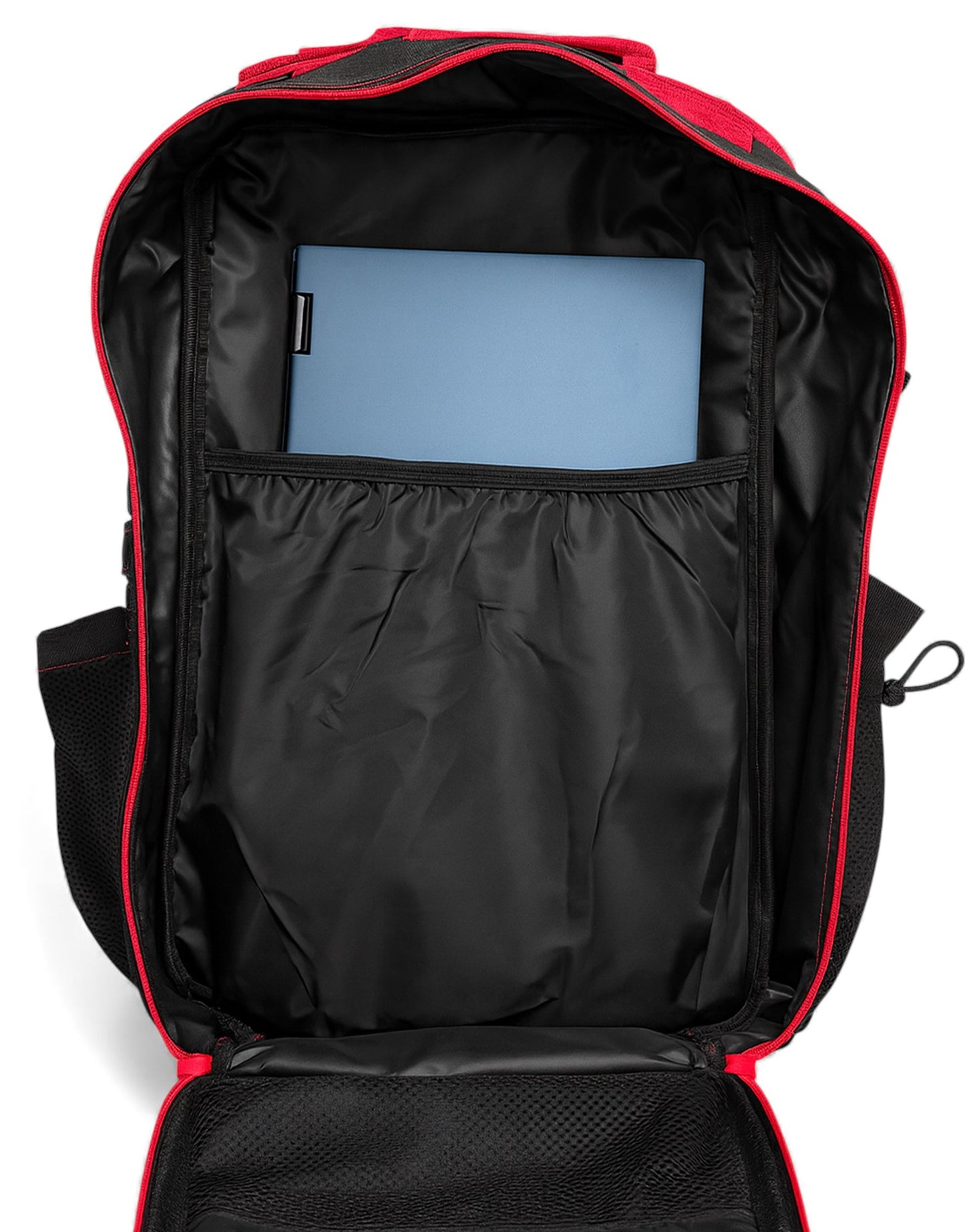 Innenansicht des Gym Generation ›No Pain No Gain‹ Special Edition Rucksacks in Schwarz-Rot mit gepolstertem Laptopfach, grossem Hauptfach und robuster Innenauskleidung