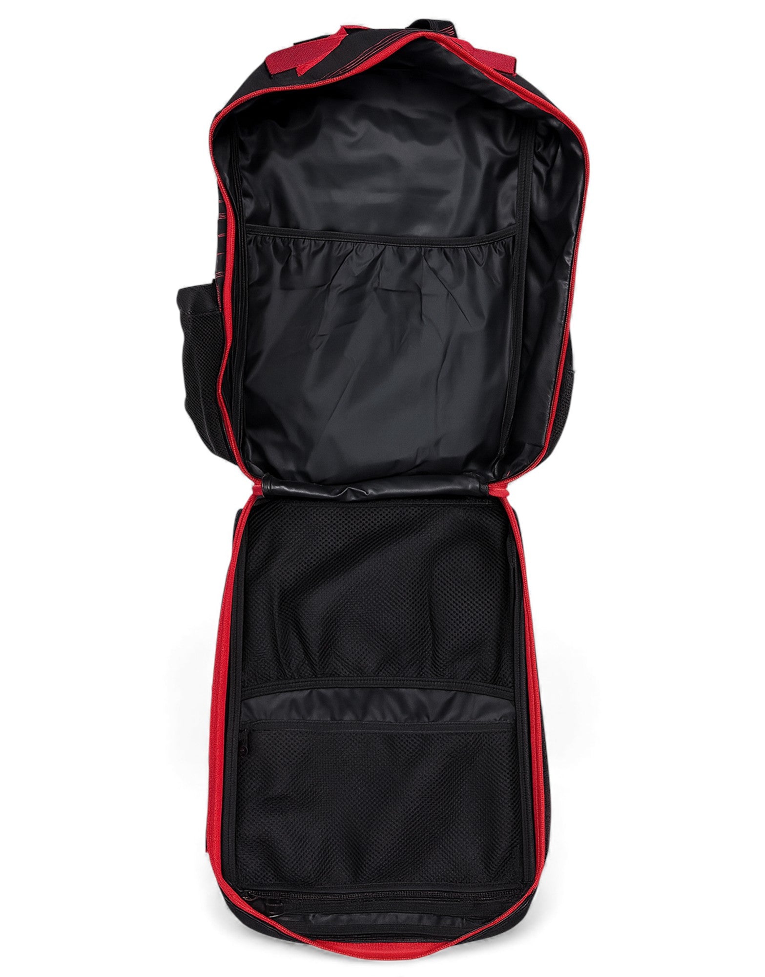 Geöffnete Innenansicht des Gym Generation  ›No Pain No Gain‹ Gym Edition Rucksacks in Schwarz-Rot mit grossem Hauptfach, separaten Innenfächern und robuster Innenauskleidung