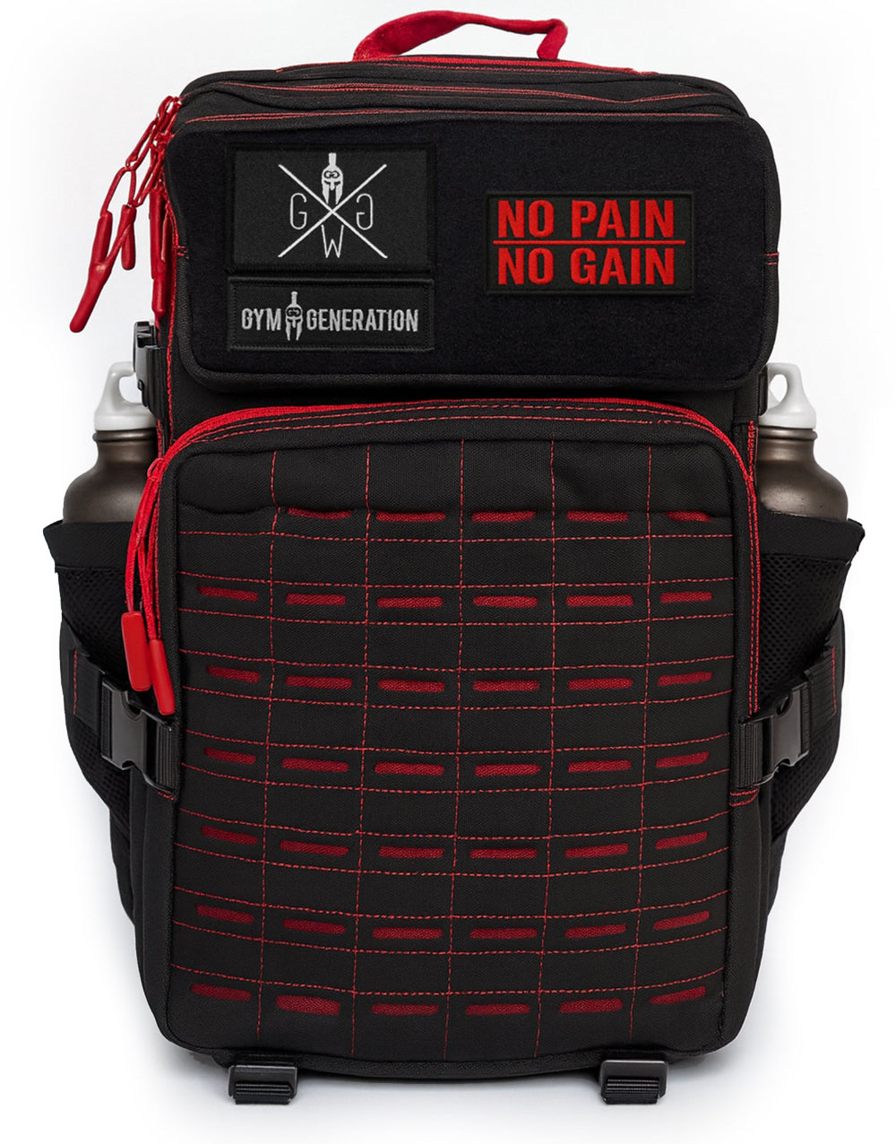 Tactical Gym Rucksack 45 Liter mit Laser-Cut MOLLE Front, mehreren Fächern, roten Reissverschlüssen und No Pain No Gain Patch – Fitness Rucksack von Gym Generation