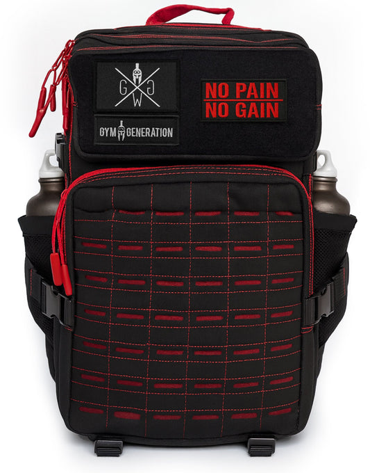 Tactical Gym Rucksack 45 Liter mit Laser-Cut MOLLE Front, mehreren Fächern, roten Reissverschlüssen und No Pain No Gain Patch – Fitness Rucksack von Gym Generation