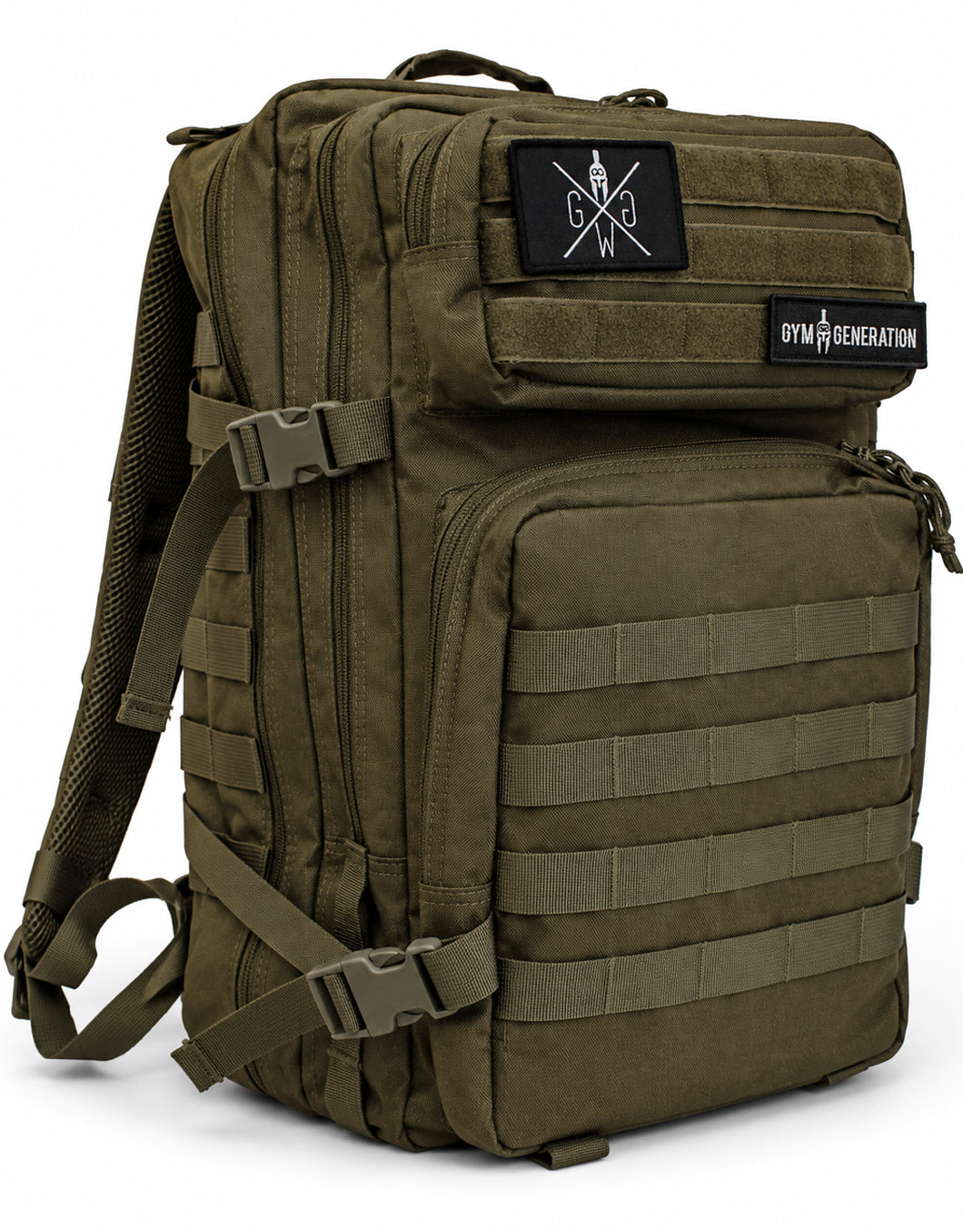 Gym Generation Fitness Rucksack Adventurer in Olive mit taktischem MOLLE-Design, Patches und mehreren Fächern