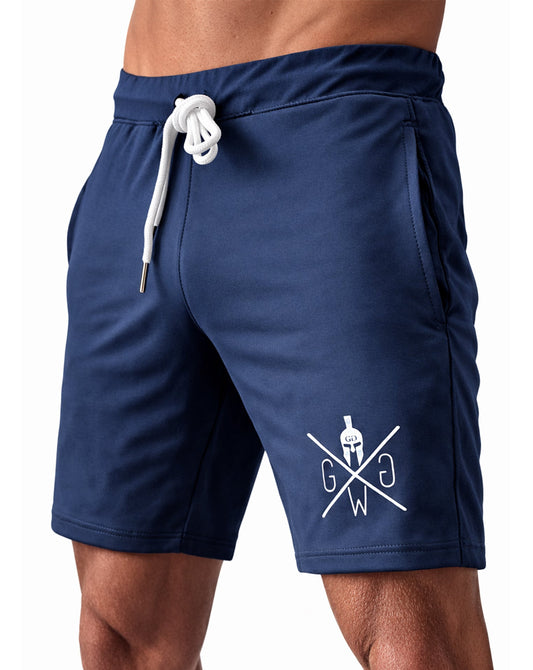 Gym Shorts navy blau Herren von Gym Generation in schräger Ansicht – leichte Fitness Shorts mit Kordelzug für Workout, Training und Fitnessstudio
