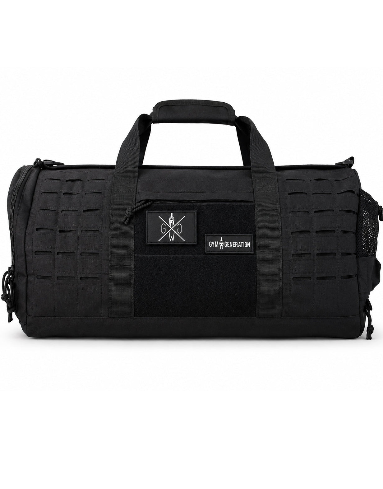 Schwarze Gym Generation Sporttasche Maverick, Frontansicht mit Tragegriffen, Laser-Cut-MOLLE, Patches und grossem Hauptfach