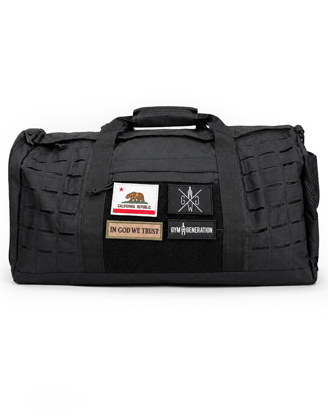 Gym Generation Gym Sporttasche Maverick in Schwarz mit Patches, Laser-Cut-MOLLE, Tragegriffen und robustem Fitness-Taschen-Design