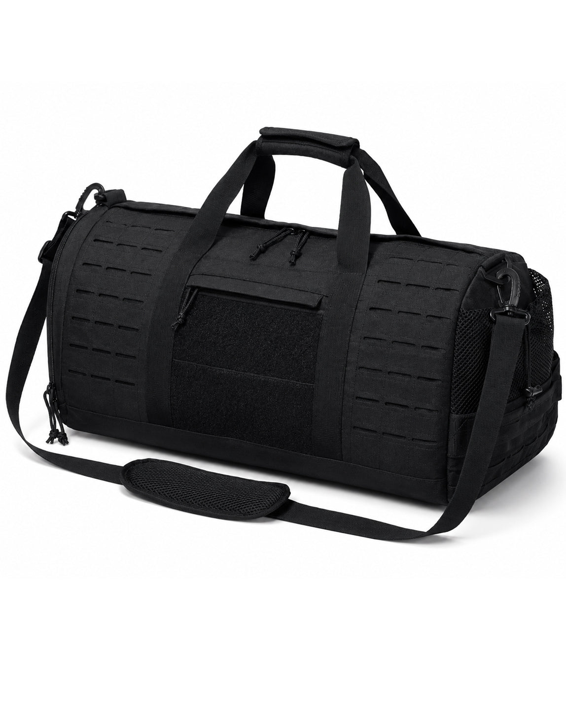 Gym Generation Gym Sporttasche Maverick in Schwarz, Seitenansicht mit Schultergurt, Mesh-Seitenfach, Laser-Cut-MOLLE und robustem Trainingsdesign