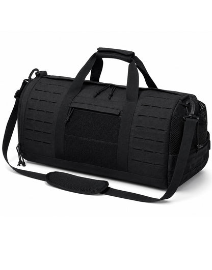 Gym Generation Gym Sporttasche Maverick in Schwarz, Seitenansicht mit Schultergurt, Mesh-Seitenfach, Laser-Cut-MOLLE und robustem Trainingsdesign