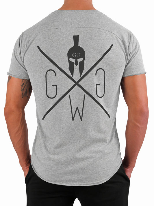 Graues Warrior Gym T-Shirt für Herren von Gym Generation mit großem schwarzem Rückenprint, Athletic Fit und Raw-Cut-Saum