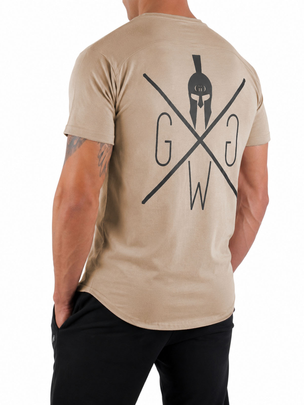 Off-White Gym T-Shirt für Herren von Gym Generation mit grossem schwarzem Warrior Rückenprint in seitlicher Rückenansicht