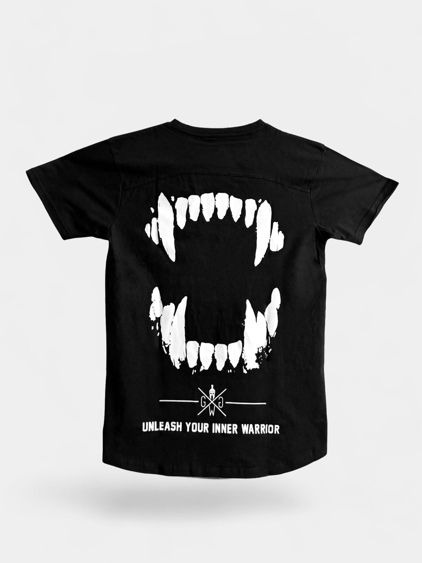 Stay Hungry Gym T-Shirt – Schwarzes Herren T-Shirt mit kraftvollem Wolfsgebiss-Design auf der Rückseite, ideal für motivierte Fitness- und Trainingssessions.