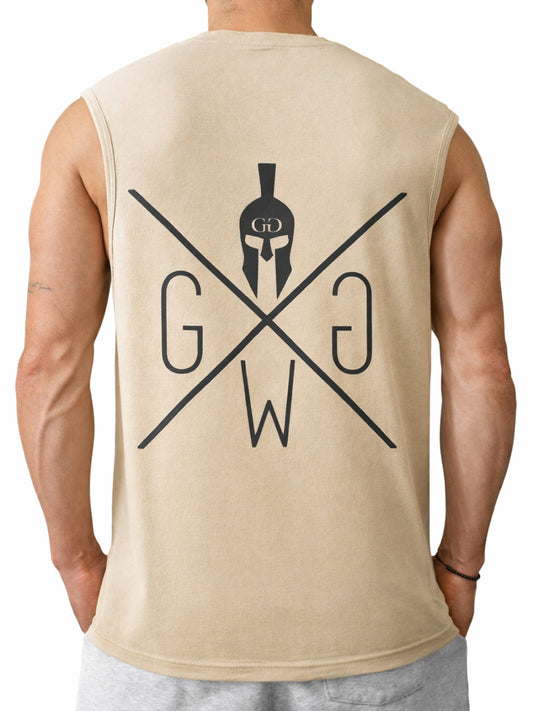 Rückansicht des Off-White Herren Fitness Tank Tops mit großem Spartan-Rückenprint von Gym Generation