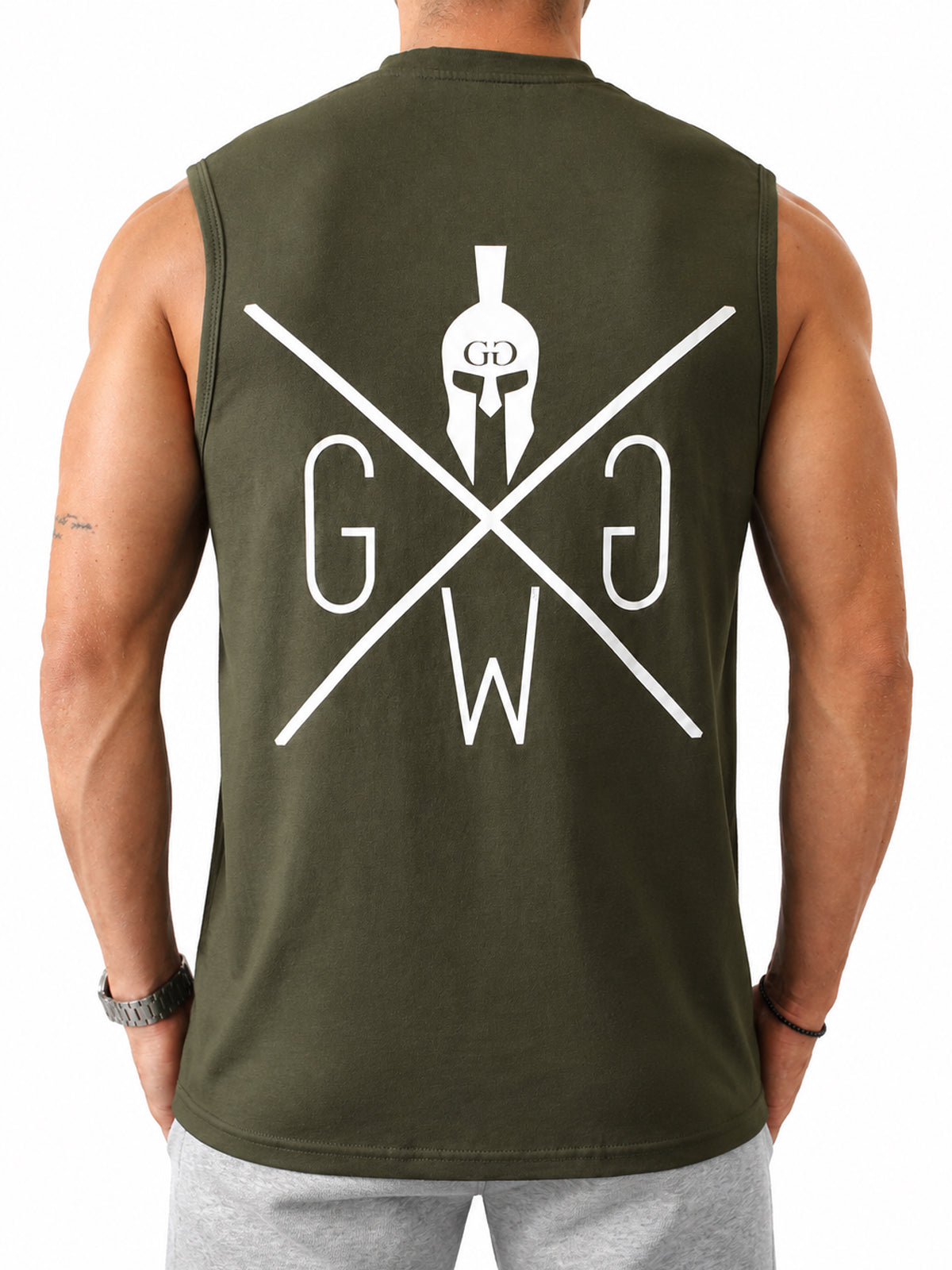 Gym Tank Top Herren in Olive mit grossem weissem Spartaner-Rückenprint von Gym Generation