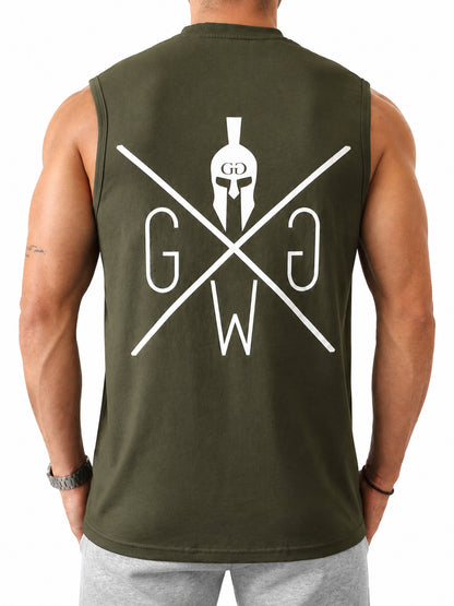 Gym Tank Top Herren in Olive mit grossem weissem Spartaner-Rückenprint von Gym Generation
