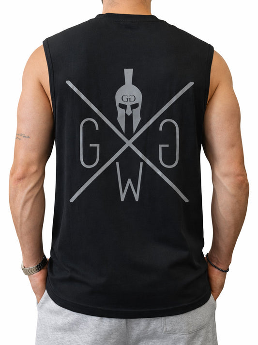 Rückansicht des schwarzen Herren Fitness Tank Tops mit großem Spartan-Rückenprint von Gym Generation