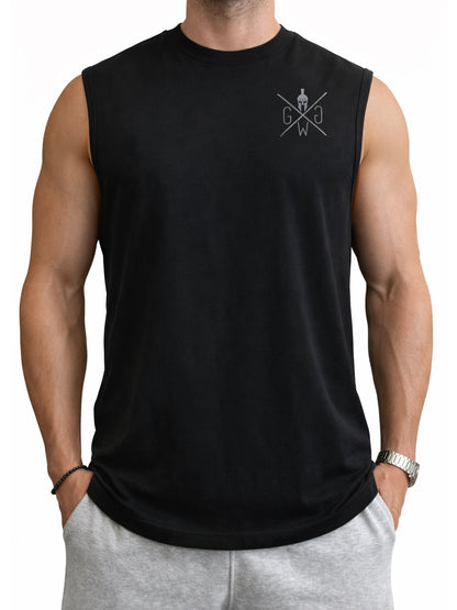 Frontansicht des schwarzen Herren Fitness Tank Tops mit Brustlogo von Gym Generation