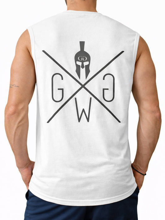 Rückansicht des weissen Herren Gym Tank Tops mit grossem Spartan-Rückenprint von Gym Generation